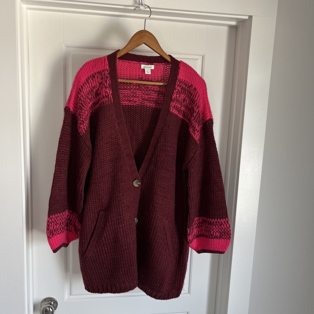 Sundance Chunky Knit Cardigan Sweater Burgundy Wool Blend Oversized L Preppy